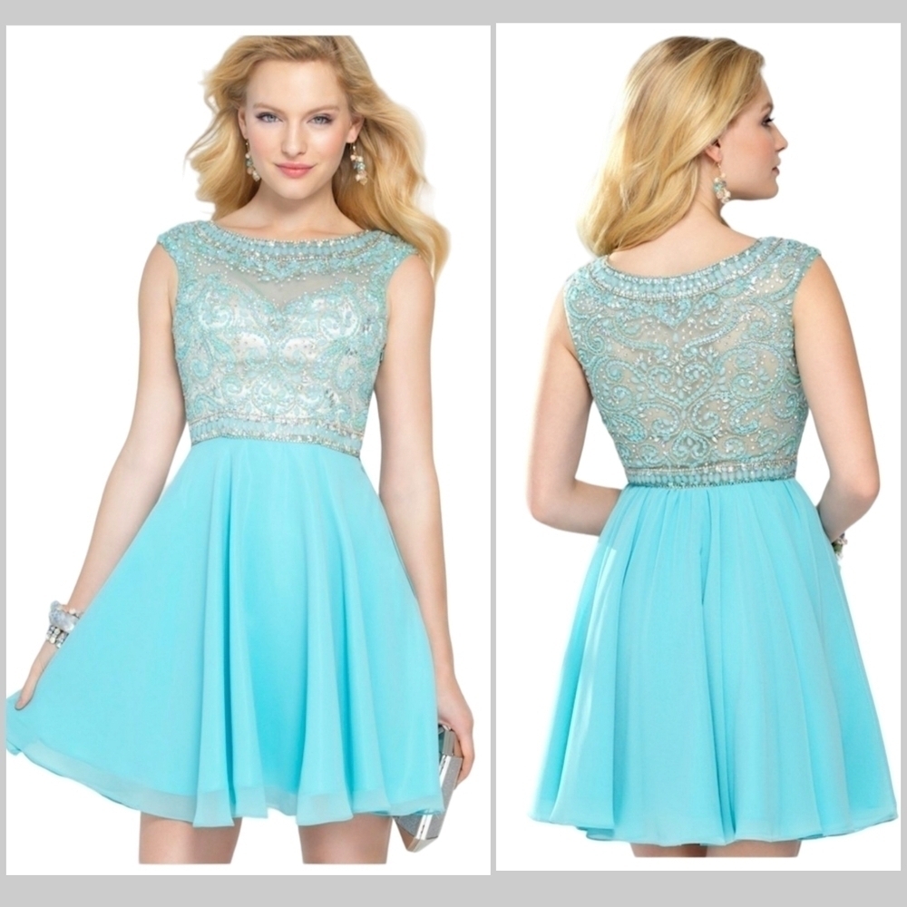 Alyce Paris Aqua Beaded Sheer Illusion Party Dress